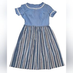 Vtg 70's Sears Blue Striped Rick Rack Prairie Cottagecore USA Summer Youth Dress